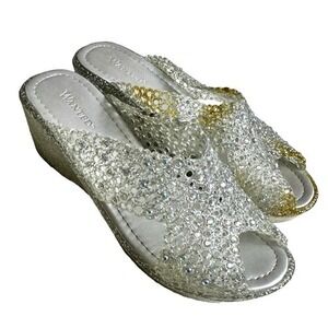 Vintage Women's Silver Glitter Jelly Plastic Clog Sandals Heels Wanted Sz‎ 41 KC